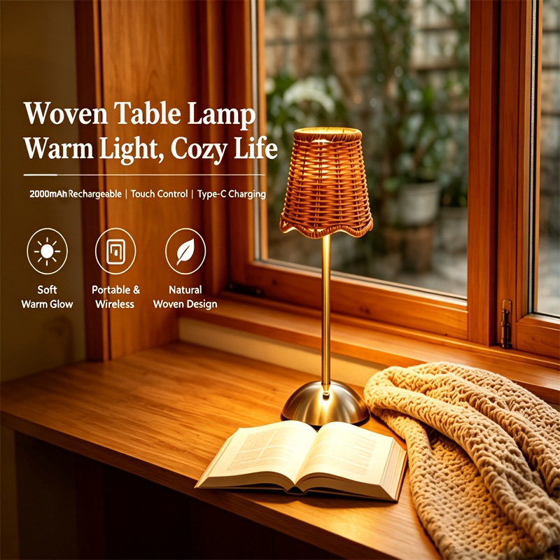 Desk Setup Light - مصباح طاولة فني من الروطان المنسوج