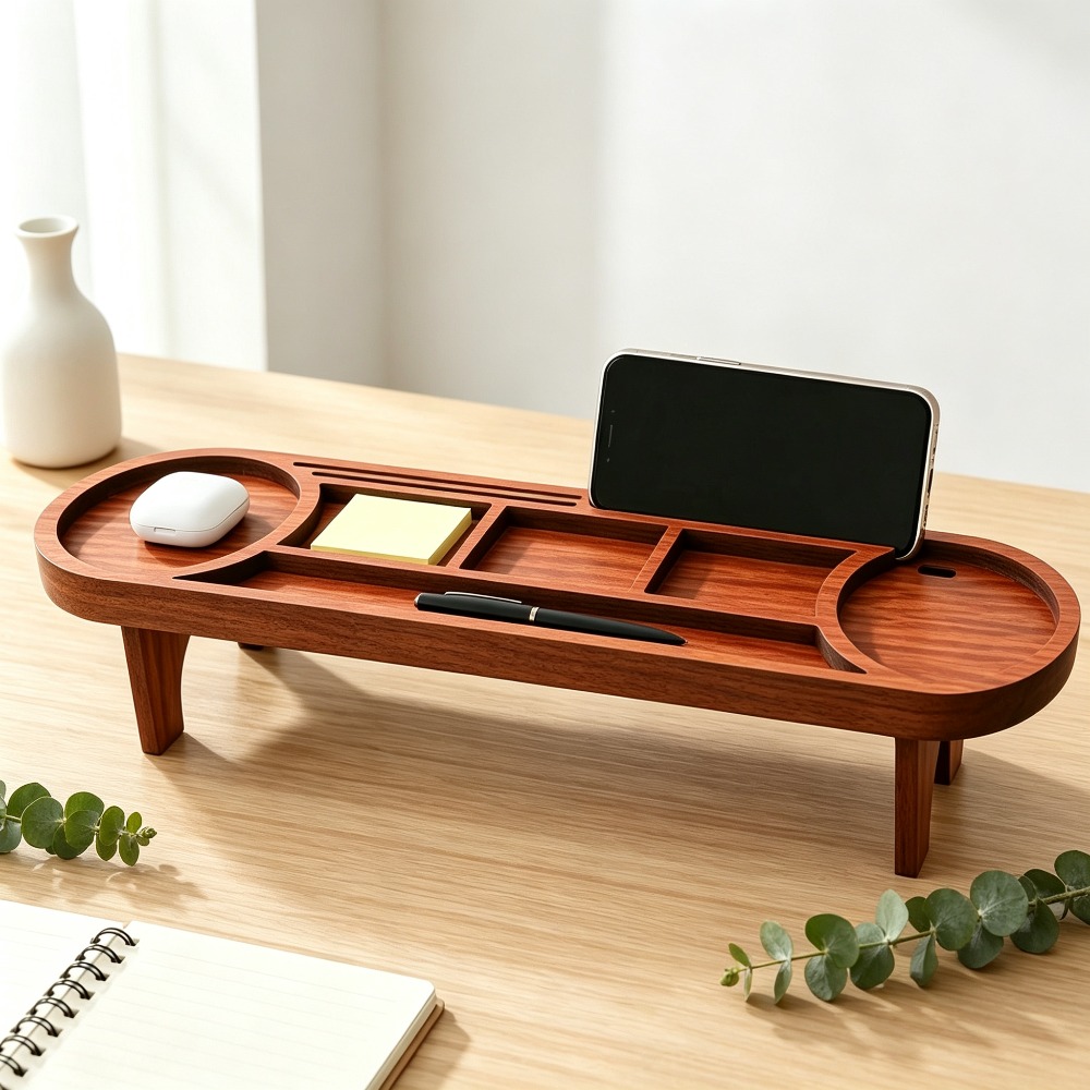 Desk Setup Home Office - منظم مكتب خشبي مع حامل هاتف،