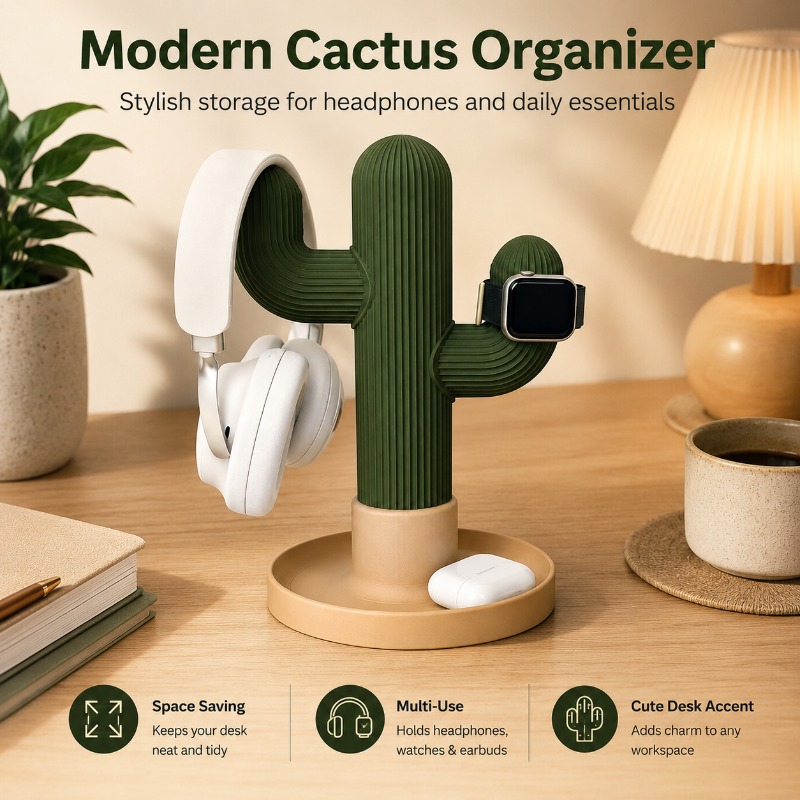 Desk Setup Organization - حامل سماعات رأس بتصميم صبار بسيط